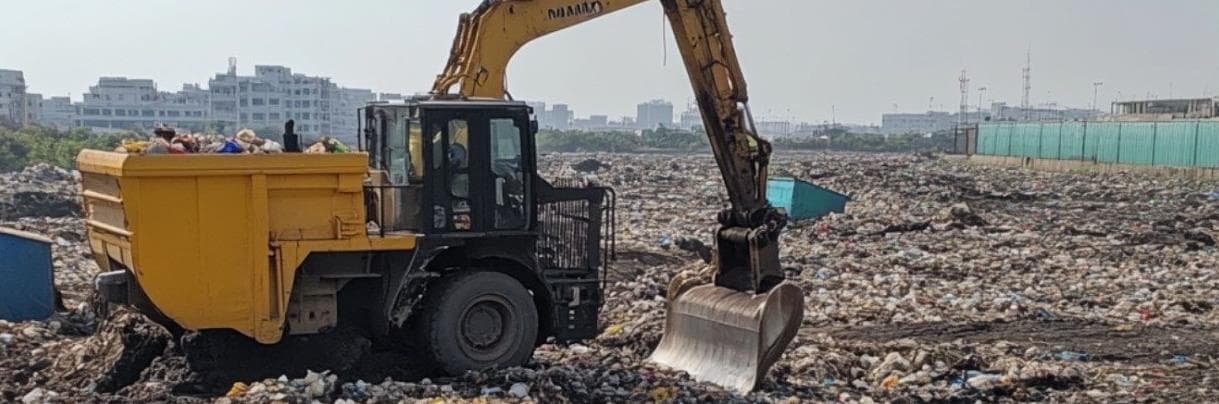 Excavator and dumper reclaiming a legacy waste dumpsite